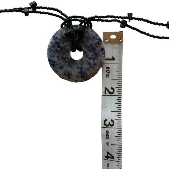 Sodalite Necklace Blue White Natural Stone Donut Pendant Black Beaded Chain - Picture 5 of 10
